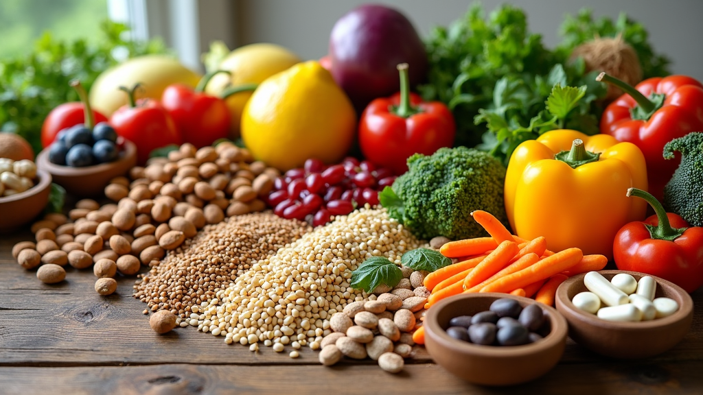 A colorful assortment of fresh fruits, vegetables, and whole foods arranged neatly on a wooden table, with small glass bowls showing various pills and supplements beside them.