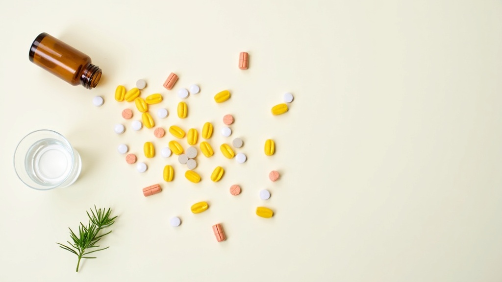 A neat top-down photo of assorted multivitamin capsules and tablets scattered on a light background, alongside glass of water and a small pop of greenery.