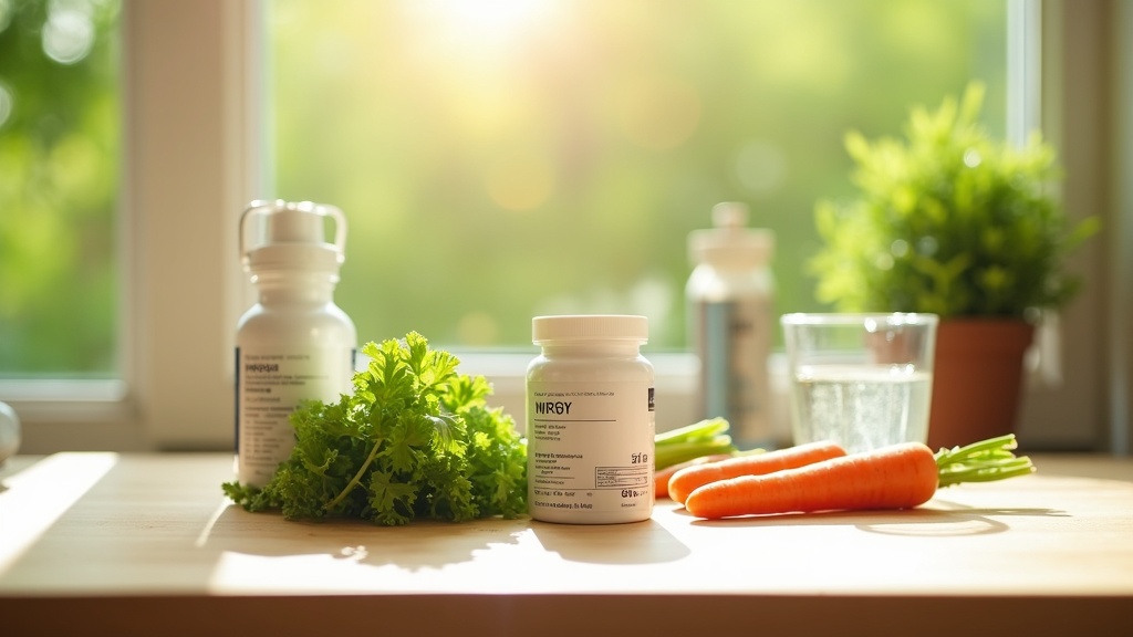 Supplements and healthy foods for eye health neatly arranged on a wooden kitchen table near a window overlooking a sunny garden.